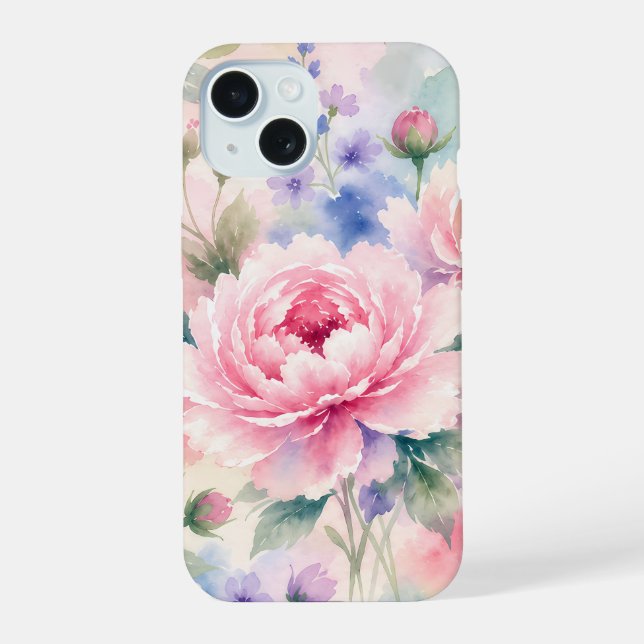Watercolor Peony Flower iPhone 15 Case (Back)