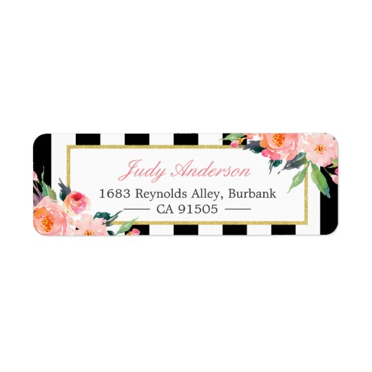 Watercolor Peony Flowers Black White Stripes Return Address Label