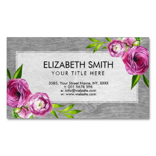Watercolor Peony Flowers on grey Wood Magnetic Business Card