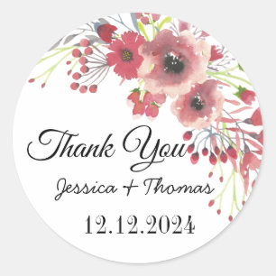 Watercolor Peony Flowers Thank You Wedding Favour  Classic Round Sticker