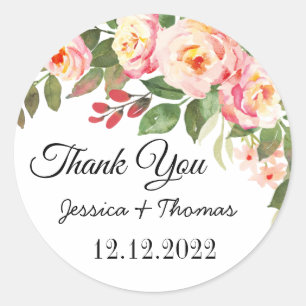 Watercolor Peony Flowers Thank You Wedding Favour Classic Round Sticker