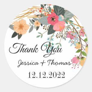 Watercolor Peony Flowers Thank You Wedding Favour  Classic Round Sticker