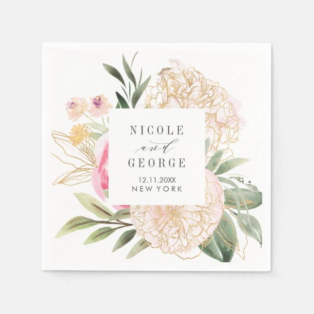 Watercolor peony gold typography monogram wedding napkin (Front)