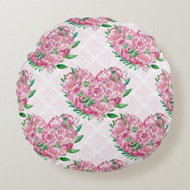 watercolor peony heart round cushion (Front)