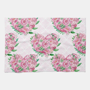 watercolor peony heart tea towel