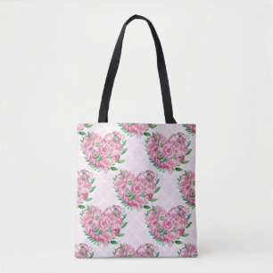 watercolor peony heart tote bag