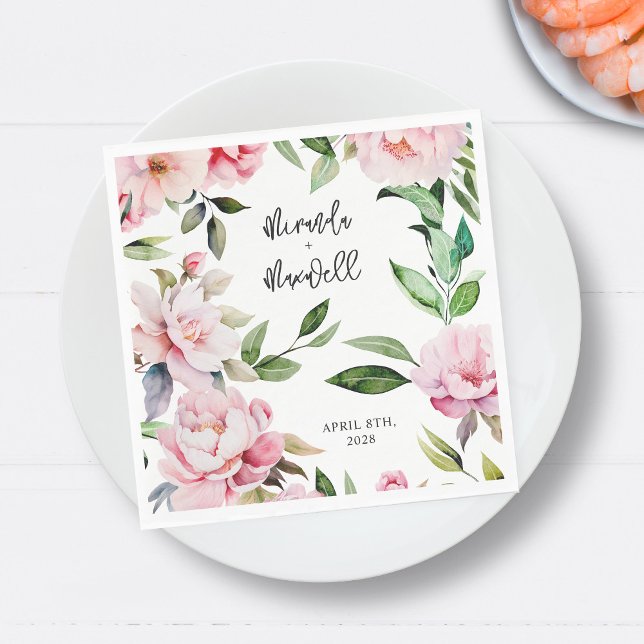 Watercolor Peony Magnolia Pink Wedding  Napkin (Creator Uploaded)