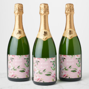 Watercolor Peony Magnolia Wedding Pink Sparkling Wine Label