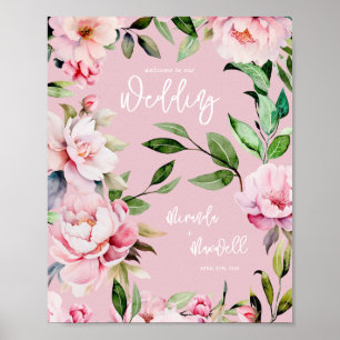 Watercolor Peony Magnolia Wedding Welcome Pink Poster
