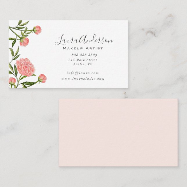 Watercolor Peony Makeup artist Business Card (Front/Back)