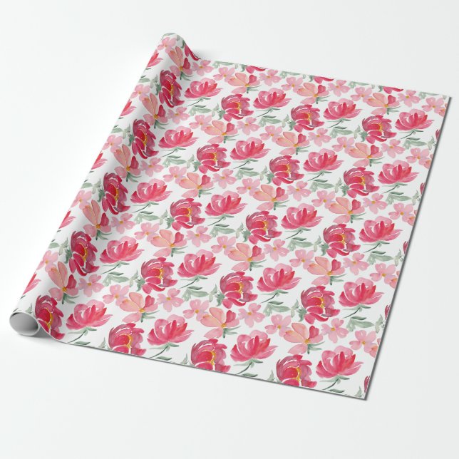 Watercolor Peony Pattern Wrapping Paper (Unrolled)