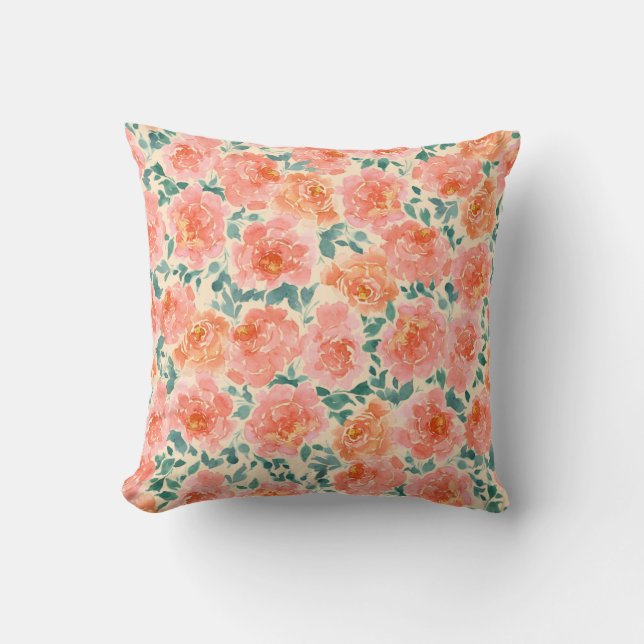 Watercolor Peony Peach Pink Green Cushion (Front)