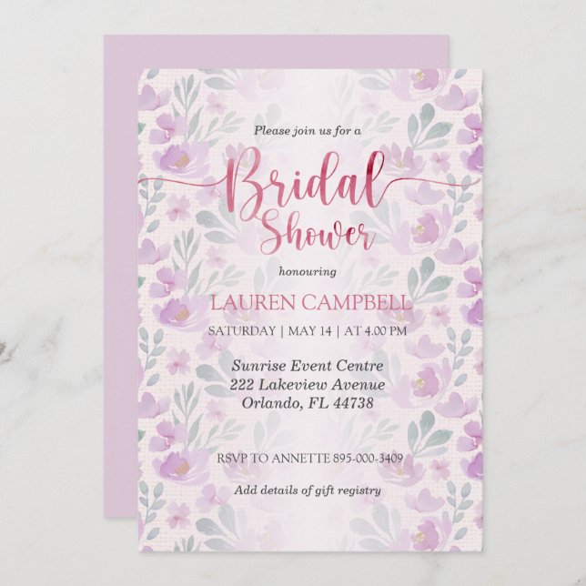 Watercolor Peony Pink and Purple Invitation (Front/Back)