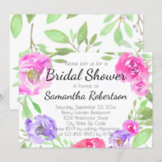 Watercolor Peony Pink Green Floral Bridal Shower Invitation