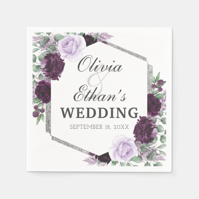 Watercolor Peony Purple Grey Silver Fall Wedding Napkin (Front)