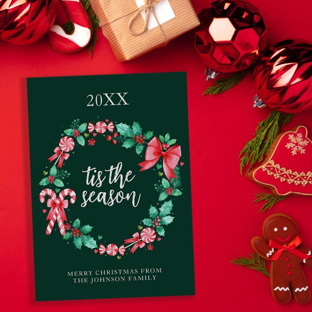 Watercolor Peppermint Candy Cane Christmas Wreath Holiday Card (Watercolor Peppermint Candy Cane Christmas Wreath Holiday Card)