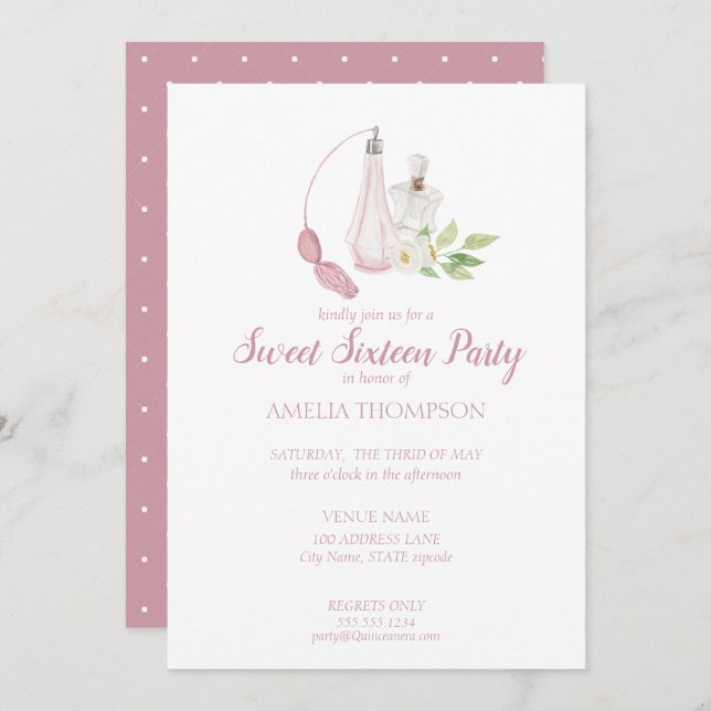 Watercolor Perfume Bottle Sweet Sixteen Birthday Invitation (Front/Back)