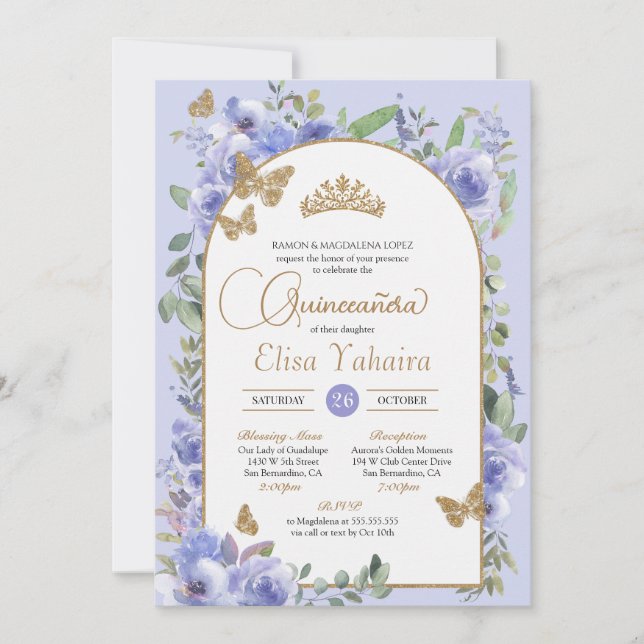 Watercolor Periwinkle Blue Butterfly Quinceañera Invitation (Front)