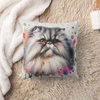 Watercolor Persian Cat Colourful Portrait Cushion