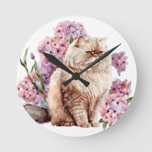 WATERCOLOR PERSIAN CAT WITH PINK FLOWERS ROUND CLOCK