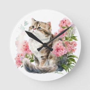 WATERCOLOR PERSIAN CAT WITH PINK FLOWERS ROUND CLOCK