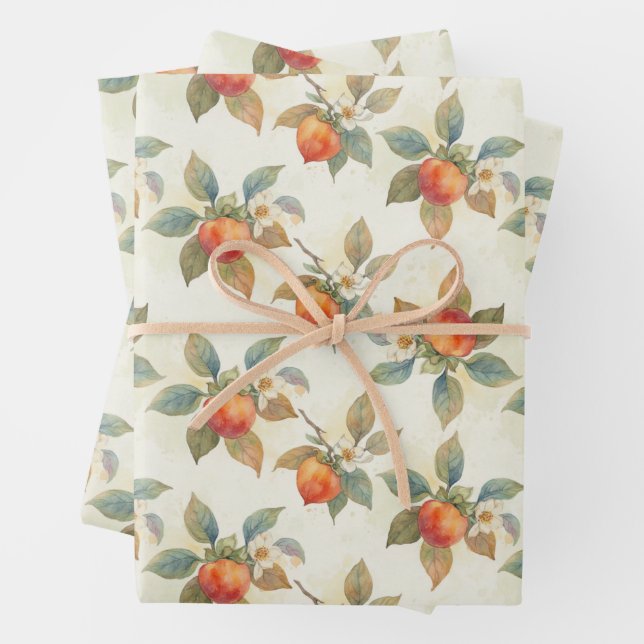 Watercolor Persimmon Fruit and Flowers  Wrapping Paper Sheet (In situ)