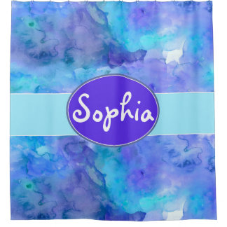 Watercolor Personalised Monogram Name Teal Purple Shower Curtain