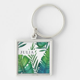 Watercolor Personalised Tropical Leaves Key Ring