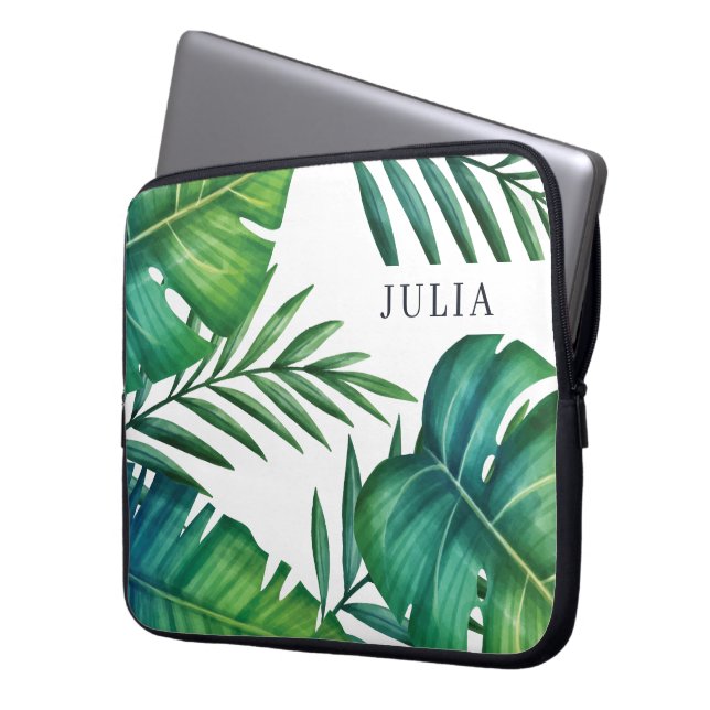 Watercolor Personalised Tropical Leaves Laptop Sleeve (Front Left)