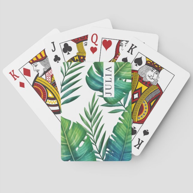Watercolor Personalised Tropical Leaves Playing Cards (Back)