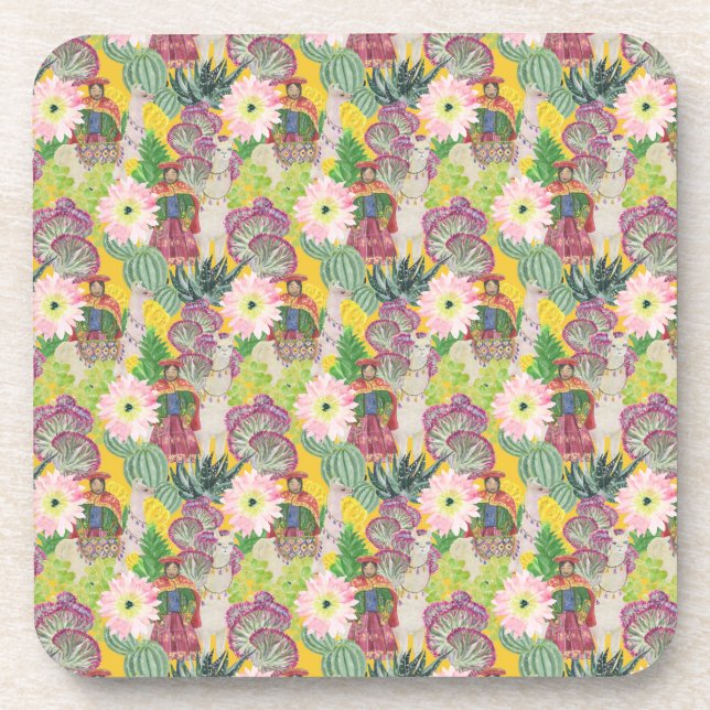 Watercolor Peruvian Woman & Llama Pattern Coaster (Front)