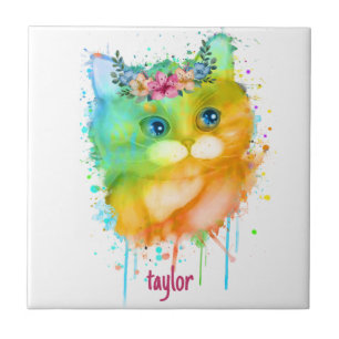 Watercolor Pet Cat with flowers Ceramic Tile