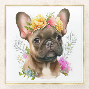Watercolor Pet French Bulldog and Summer Flowers Glass Coaster