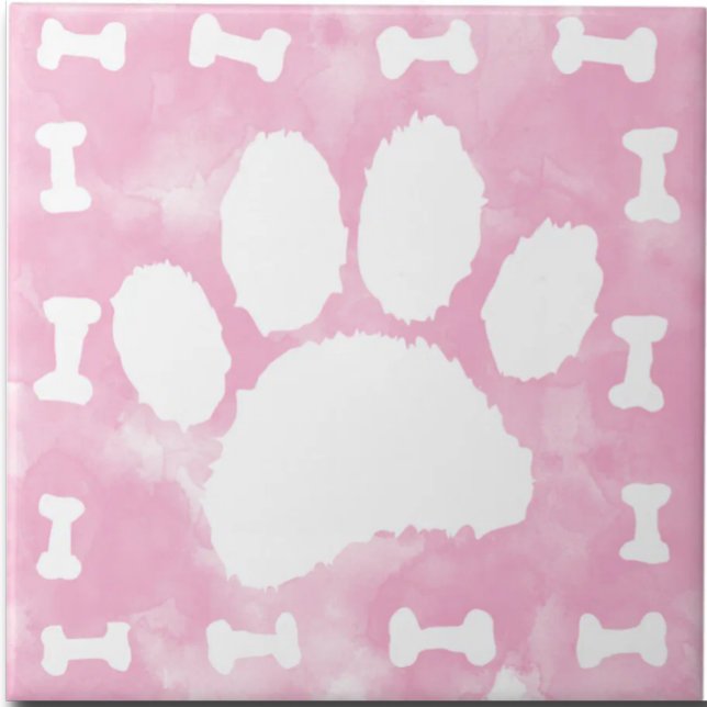 Watercolor Pet Paw Print and Bones Pink Ceramic Tile (Creator Uploaded)