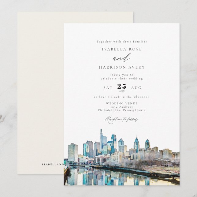 Watercolor Philadelphia Pennsylvania City Wedding Invitation (Front/Back)