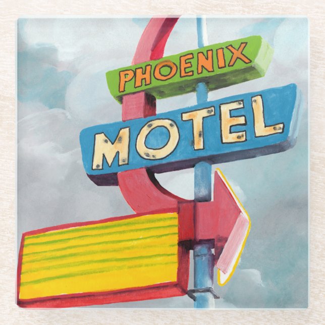 Watercolor Phoenix Motel Glass Coaster (Front)