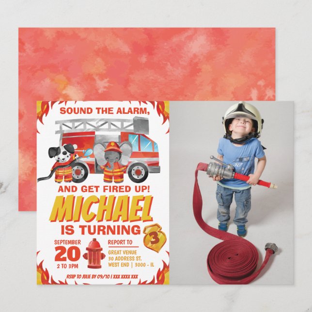 Watercolor Photo Fire Truck Birthday Party Invitation (Front/Back)