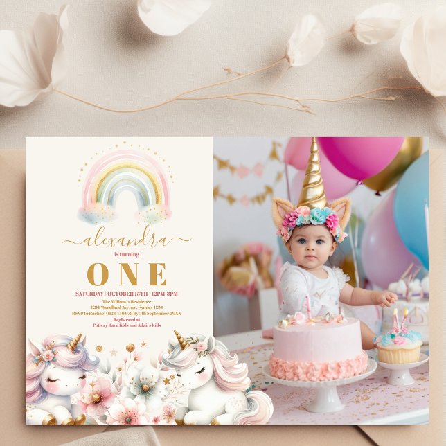 Watercolor photo Unicorn Birthday Invitation 1st (Creator Uploaded)