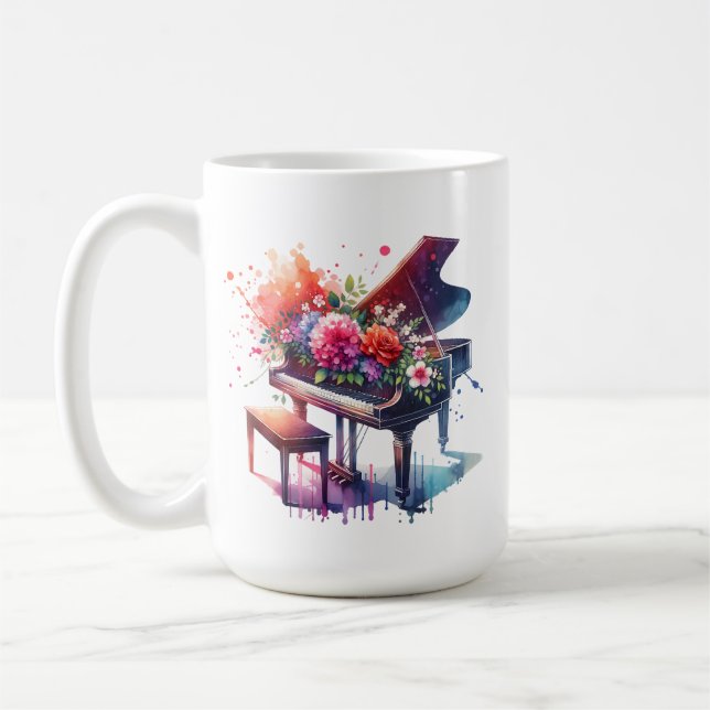 Watercolor Piano and Flowers Personalised Coffee Mug (Left)