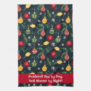Watercolor Pickleball Holiday Rally Tea Towel