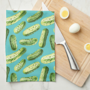 Watercolor Pickles on Turquoise Tea Towel