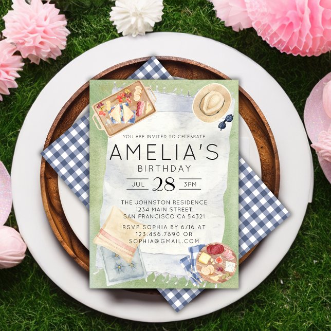 Watercolor Picnic Birthday Blue Gingham Party Invitation (Creator Uploaded)