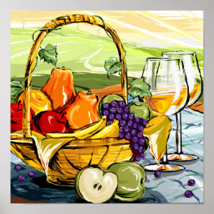Watercolor Picnic Fruit Basket and Wine Poster