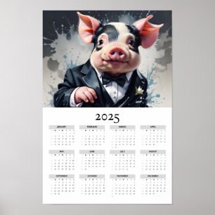 Watercolor Pig Tuxedo Bow Tie 2025 Wall Calendar Poster