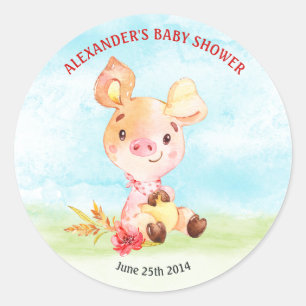 Watercolor Piggy Baby Shower Farm Classic Round Sticker
