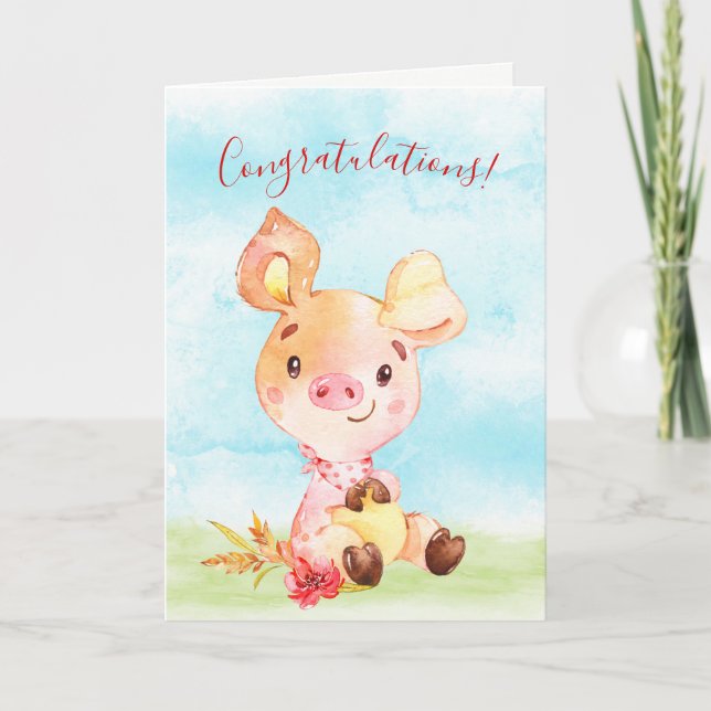 Watercolor Piggy Farm Congratulations Card (Front)