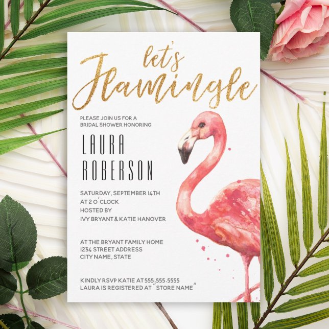 Watercolor Pin Let's Flamingle Gold Bridal Shower  Invitation (Let's flamingo theme is a fun way to create a tropical bridal shower theme with pink flamingo.)