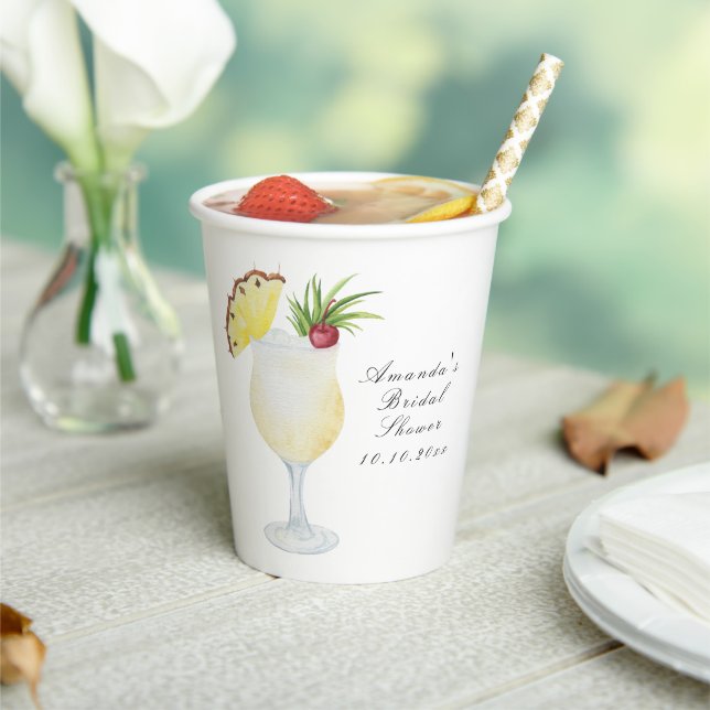 Watercolor Pina Colada Cocktail Bridal Shower Paper Cups (Insitu)