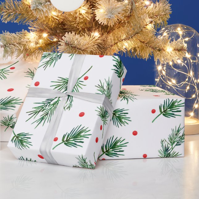 Watercolor Pine and Berries Pattern Wrapping Paper (Holidays)