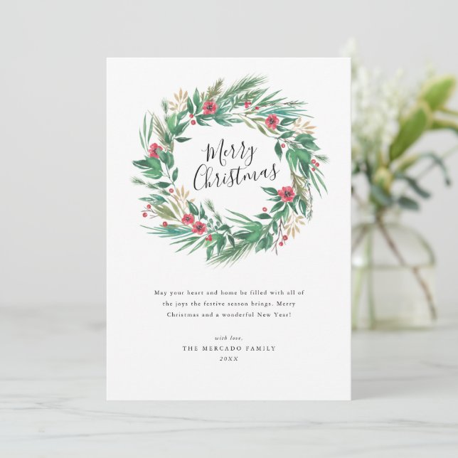 Watercolor Pine and Berry Wreath Christmas Card (Standing Front)